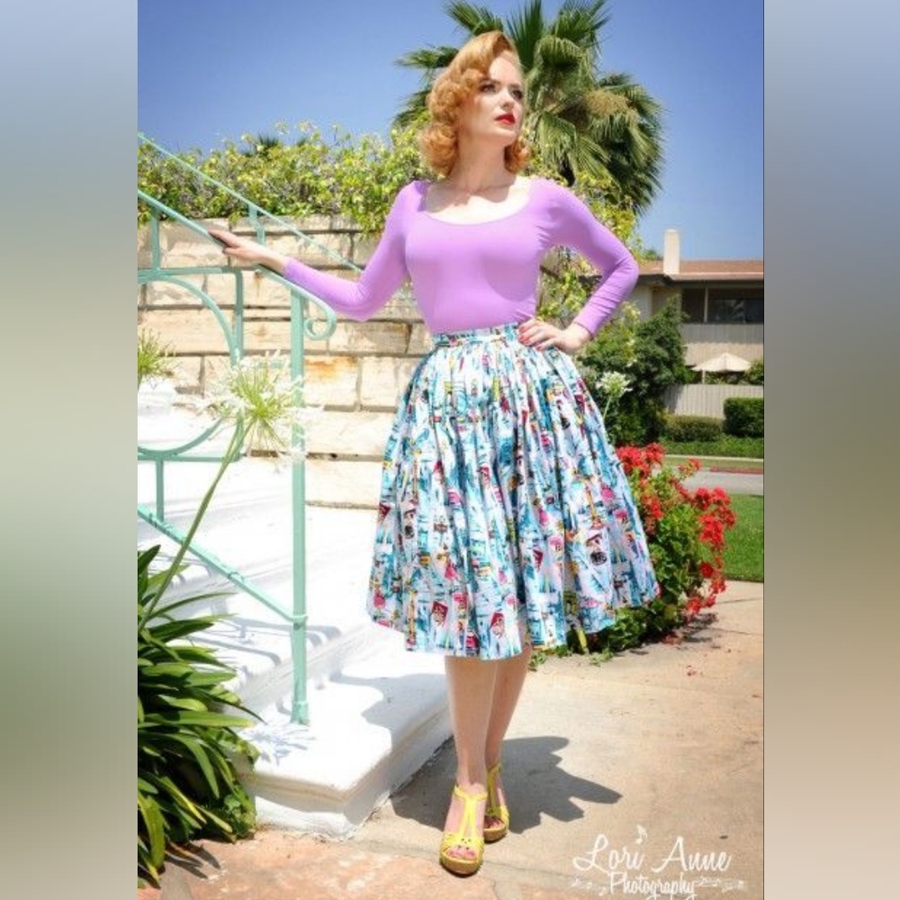 Pinup Girl Clothing Couture Micheline Pitt Jenny Swing Skirt Paris Print